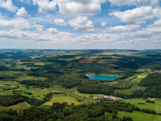 Naklejka premium Aerial view on the lake Binningen in Hegau from the Hegau volcanic cone Hohenstoffeln, Germany.