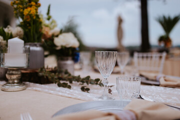  Romantically decorated table for a special event. Floral decoration for celebration
