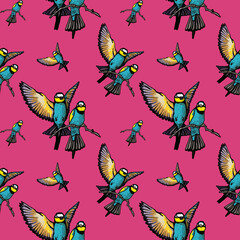 tropical birds seamless pattern pink background