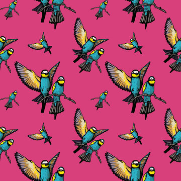 tropical birds seamless pattern pink background