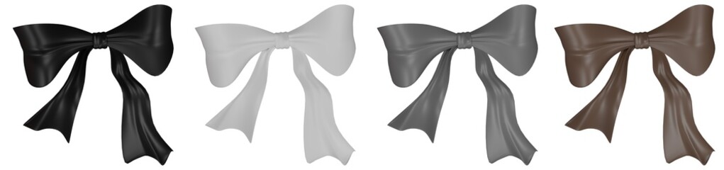collection of black, white, gray, brown bows isolated on white background, with clipping path, 3d render