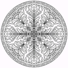 mandala with linear ornaments and flowers in folk style drawn on a white background for coloring, vector