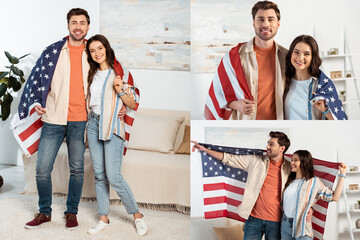 Collage of smiling couple wrapped in american flag smiling at camera in living room