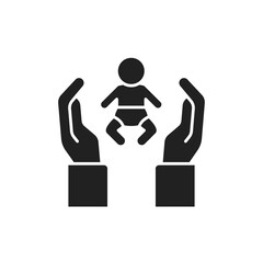 Obraz premium Child adoption black glyph icon. Hand holding baby, childcare concept. Not traditional family. Lesbian and Gay parents. Sign for web page, mobile app, logo
