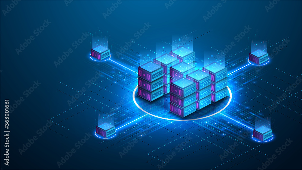 Poster Isometric futuristic Hosting server. Abstract datacenter or blockchain background. 3D Digital background. Server farm communication with internet. Computer storage, farming workstation. Vector