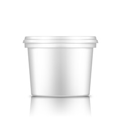 White bucket with cap mockup isolated from background: ice cream, yoghurt, mayo, paint, or putty container. Plastic package design. Blank food or decor product template. 3d vector illustration