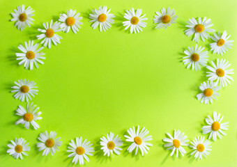 Yellow daisies on a green background are located around the perimeter. place for text in the center