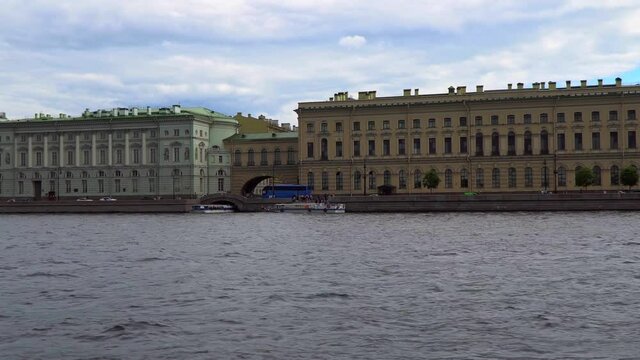 Time lapse view from the Neva river on the Palace embankment in Saint Petersburg,