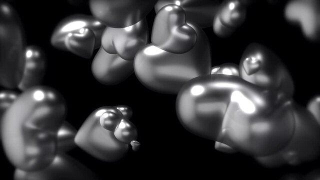 3D animation of flying silver heart balloons isolated on black background for celebration event and Valentine day, Birthday party, wedding or any holiday. Animation of seamless loop. Full HD