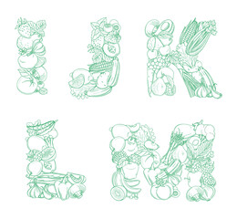 Letters i, j, k, l, m pattern logo farm fresh fruits and vegetables