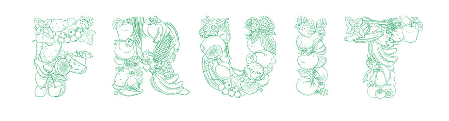 Lettering FRUIT pattern logo of groceries farm fresh fruits and vegetables.