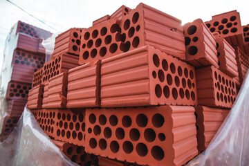 stack of red bricks close up