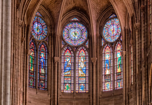 Paris, France - March 13, 2018: Stained glass window in Notre dame cathedral.