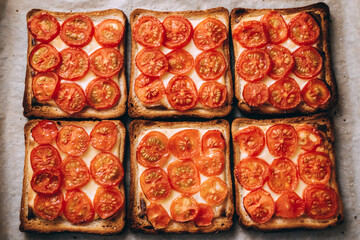 Baked sandwich with cheese and cherry tomatoes on dark bread.