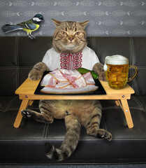 The beige cat patriot in ukrainian traditional shirt is drinking beer and eating sliced salted pork fat with a cucumber from a black square plate at a wooden bed tray on a leather sofa. A bird is next