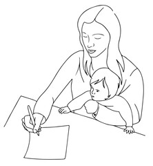 mother work at home with baby, child. picture for web or print. for website. mom with kid, line art style
