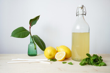 Lemonade in glass and bottle on wooden table. Lemonade or mojito cocktail with lemon and mint, cold refreshing drink or beverage with ice. Copy space for your text