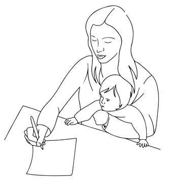 recommend clip art: mother work at home with baby, child. picture for web or print. for website. mom with kid, line art style