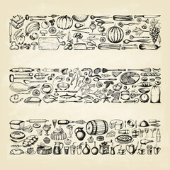 Vector illustration of fruit, vegetables, meat, seafood and various foods on old paper.