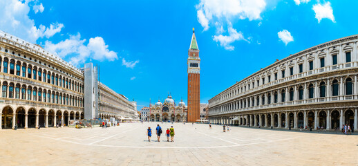 Venice, Italy - june 29th 2020 - very little tourists crossing the San Marco square with the...