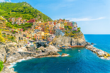 Fototapeta na wymiar Cinque Terre, Italy - july 1st 2020 - Overview of the very quiet village Manarola due to Corona, one of the towns known as Cinque Terre