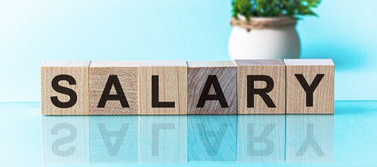 Salary word on block concept, business concept, blu background