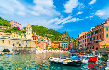 Cinque Terre, Italy - july 1st 2020 - Overview of the very quiet village Vernazza due to Corona, one of the towns known as Cinque Terre