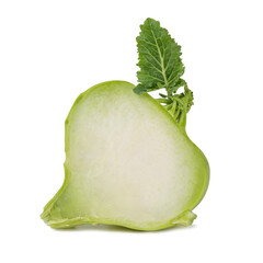 Kohlrabi cabbage (Brassica oleracea var. gongylode) cut in half isolated on white background...