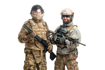 American special forces. two soldiers in military equipment with weapons on a white background, USA...