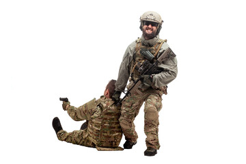 two soldiers in military uniform with weapons fight on a white background, special forces rescue a...