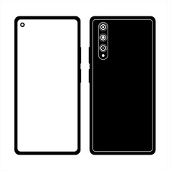 Black modern smartphone, front and back view. Mobile phone - icon isolated on white background. Phone mockup with blank screen.