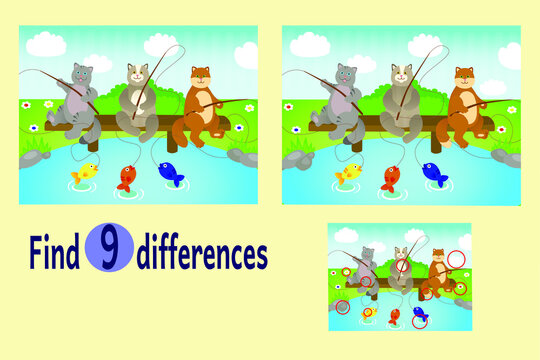 Find differences between two images. Educational game for children. Cartoon image illustraton. Cute funny fishing cats and nature
