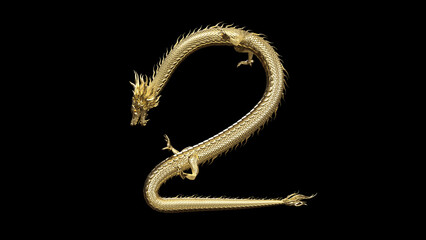 3D Chinese Dragon pose in shape letter number two with 3d rendering,The legend animal from asia.