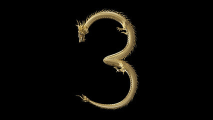 3D Chinese Dragon pose in shape letter number three with 3d rendering,The legend animal from asia.