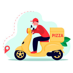 Fototapeta na wymiar Pizza delivery man on a moped. A young male courier delivers an order. Online food concept.