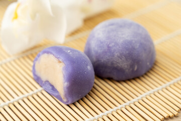 Purple color taro or yam mochi japanese dessert