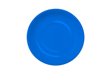 Plate isolated on a white background. Blue empty food plate. A top view of a flat layout.