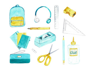 Watercolor hand painted school tools set for back to school. Notebooks, pen, pencil, scissors, rules, glue, pencils box, office supplies. Turquoise and yellow colors on white background
