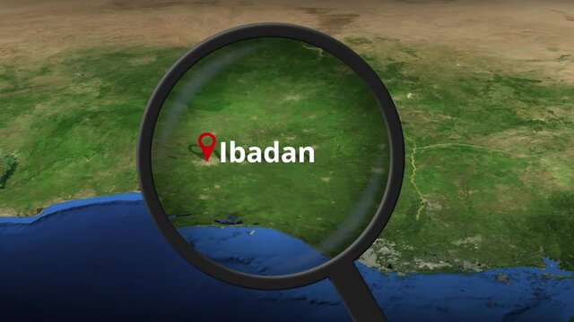 Ibadan city being found on the map, 3d rendering