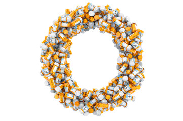 Letter O from medical bottles with drugs. 3D rendering