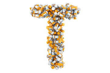 Letter T from medical bottles with drugs. 3D rendering