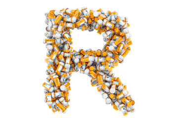 Letter R from medical bottles with drugs. 3D rendering