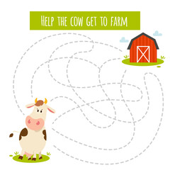 Conundrum. Farm animal educational maze game. Labyrinth page for children's magazine, leisure activity task. Activity for preschool years kids and toddlers.