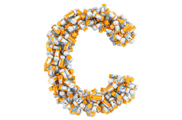 Letter C from medical bottles with drugs. 3D rendering