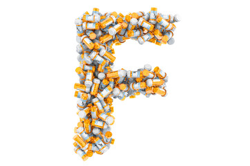 Letter F from medical bottles with drugs. 3D rendering