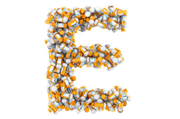 Letter E from medical bottles with drugs. 3D rendering