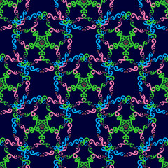 Seamless pattern on a blue background with multicolor elements, ornament. Abstract texture, modern concepts for your design.