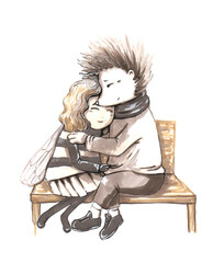 Loving couple hedgehog and bee. Hand drawn illustration of characters hugging on a bench.