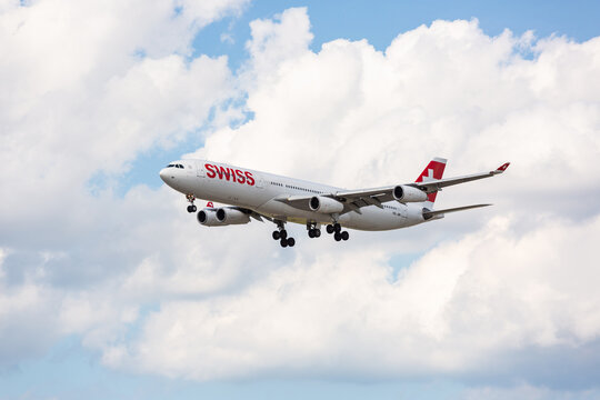Chicago, USA - June 27, 2020: Swiss airlines Airbus A340 on final approach to O'Hare International Airport. Swiss is the national airline of Switzerland.