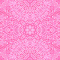 Beautiful ornament with mandalas and stylized flowers in pink colors. Print for fabric, textile. Seamless pattern.